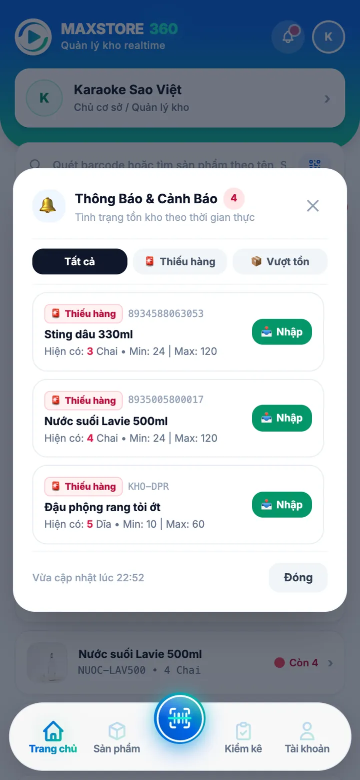 Thông báo và cảnh báo hàng sắp hết