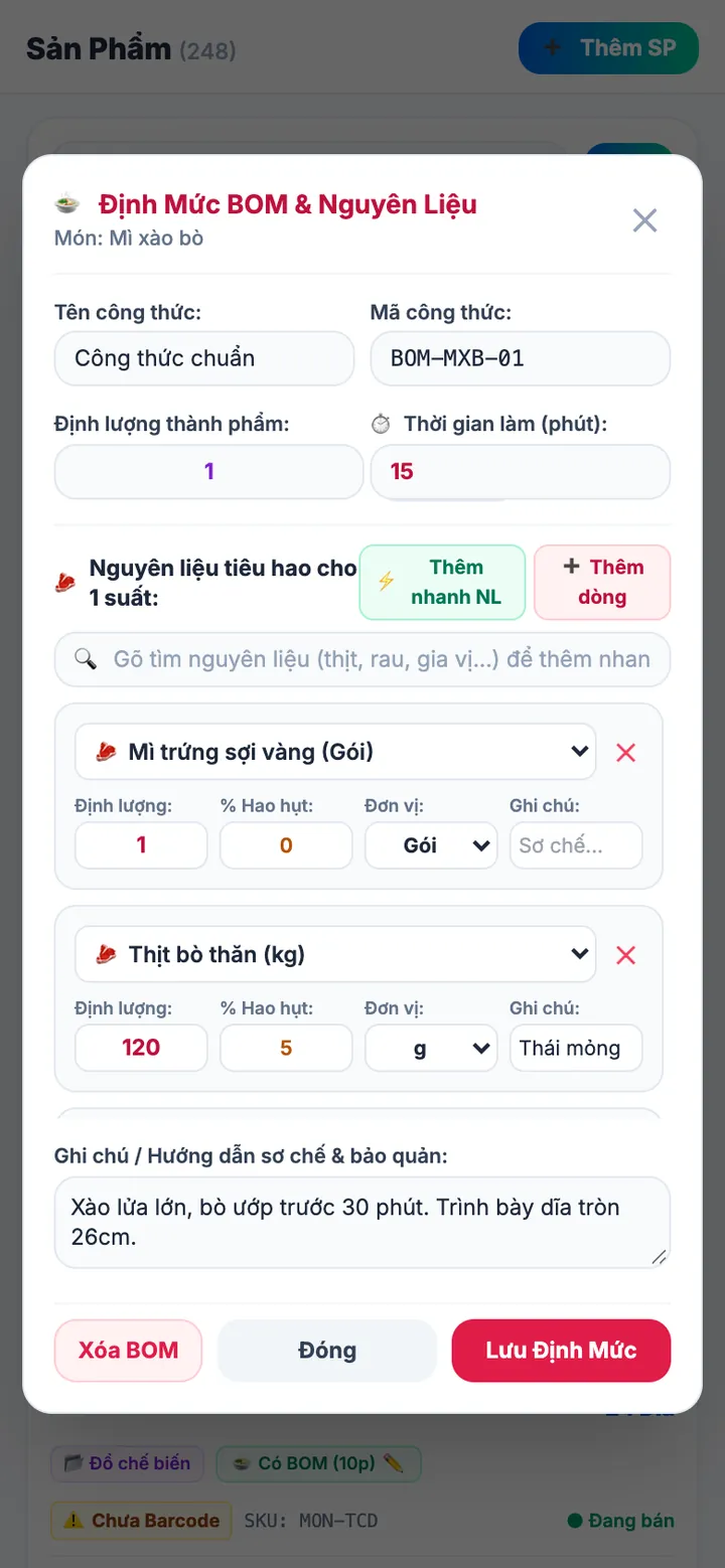 Định mức BOM và nguyên liệu của món Mì xào bò