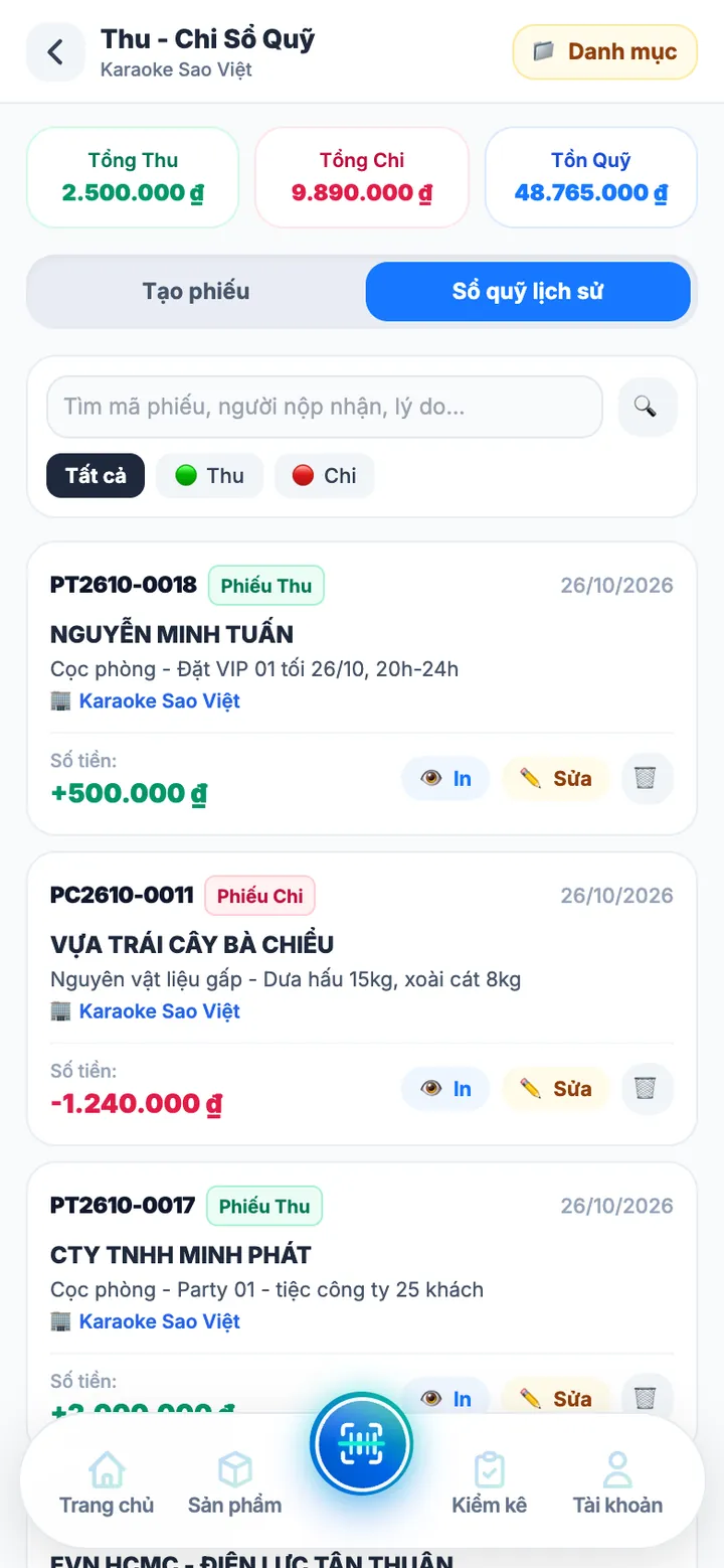 Sổ quỹ tiền mặt với tổng thu, tổng chi và tồn quỹ