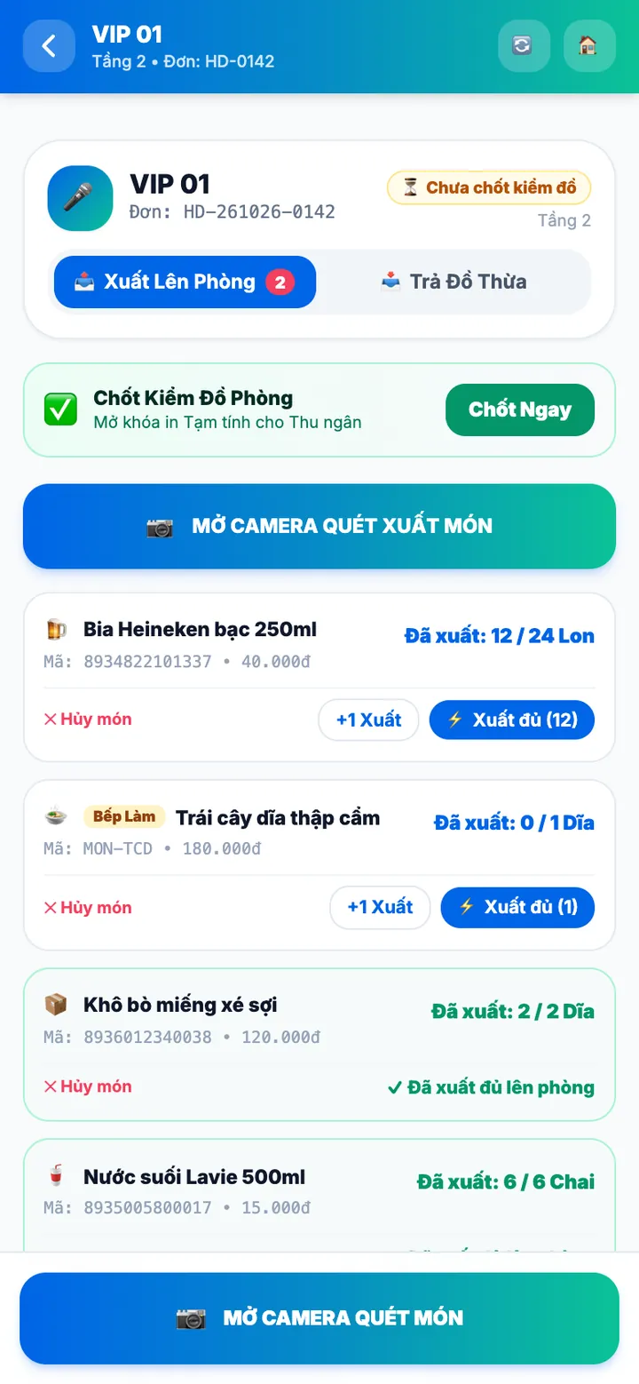 Màn hình xuất và trả đồ theo phòng