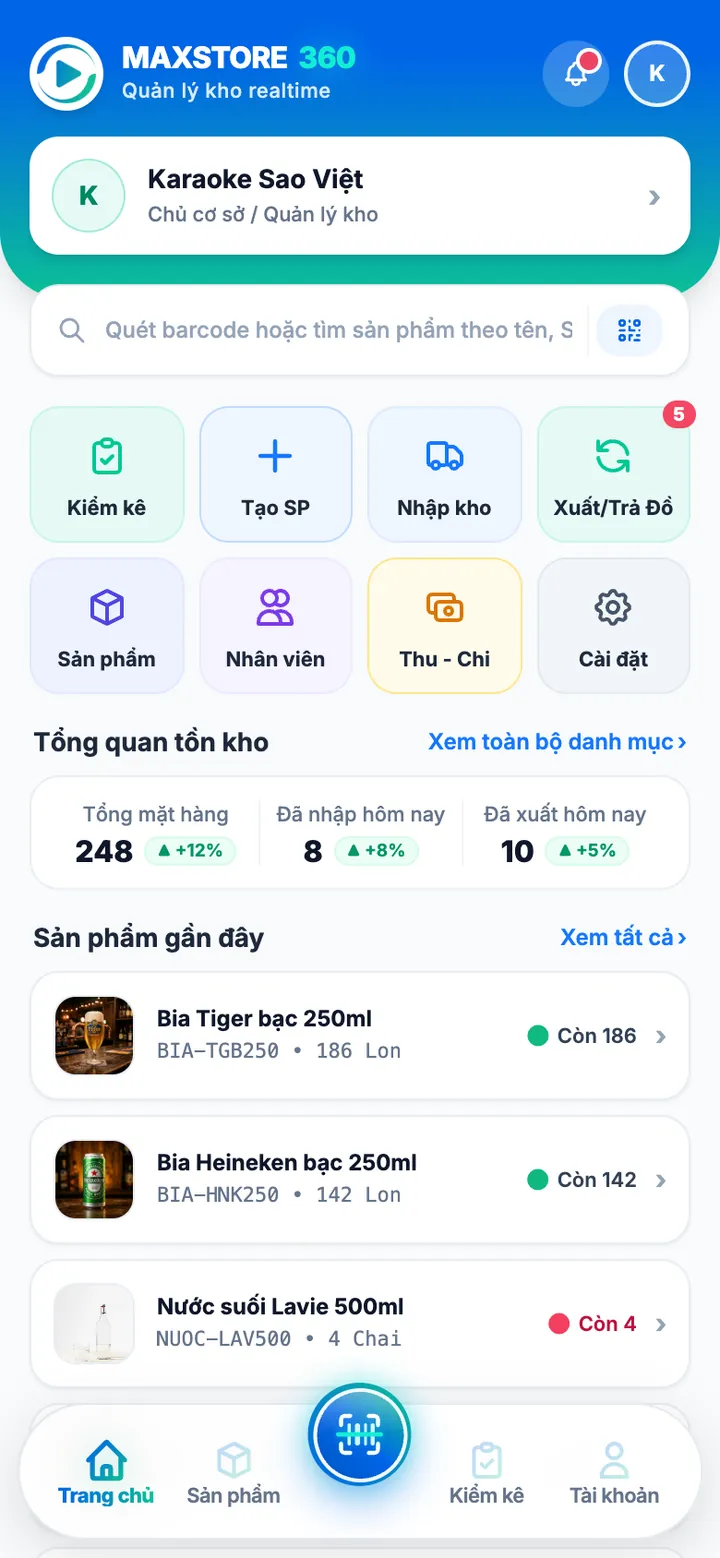 Trang chủ MAXSTORE 360 trên điện thoại với các lối tắt kiểm kê, nhập kho, xuất kho