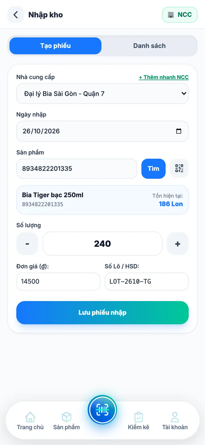 Màn hình nhập kho nhà cung cấp