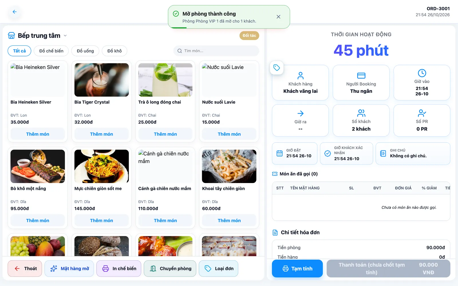 Chi tiết phòng: thực đơn và đợt gọi món